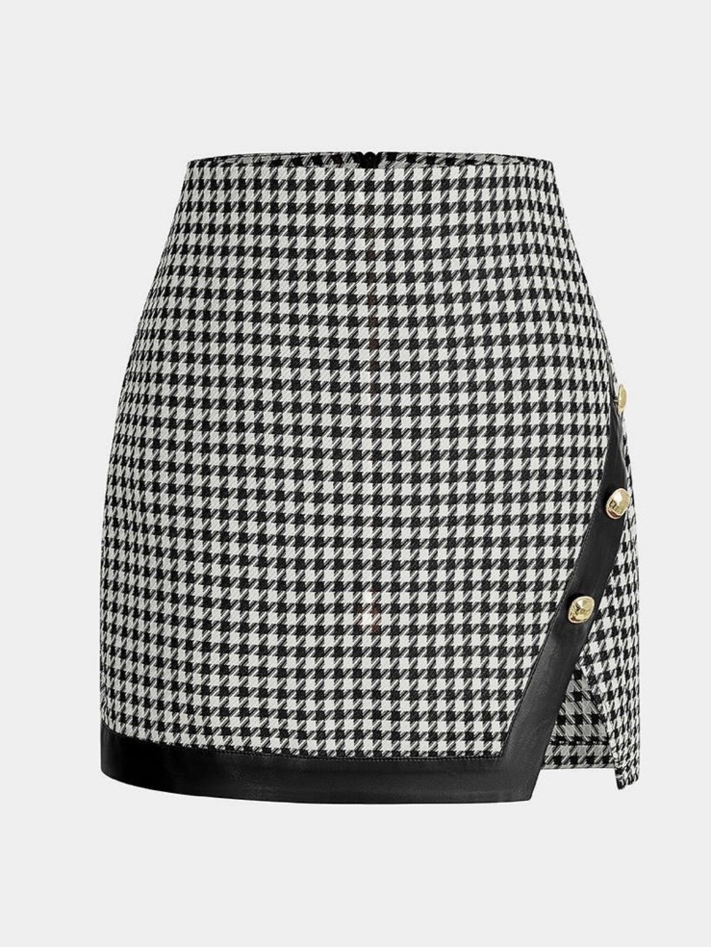 Micas Houndstooth Print Faux Leather Patchwork Asymmetrical Side Split Skirt